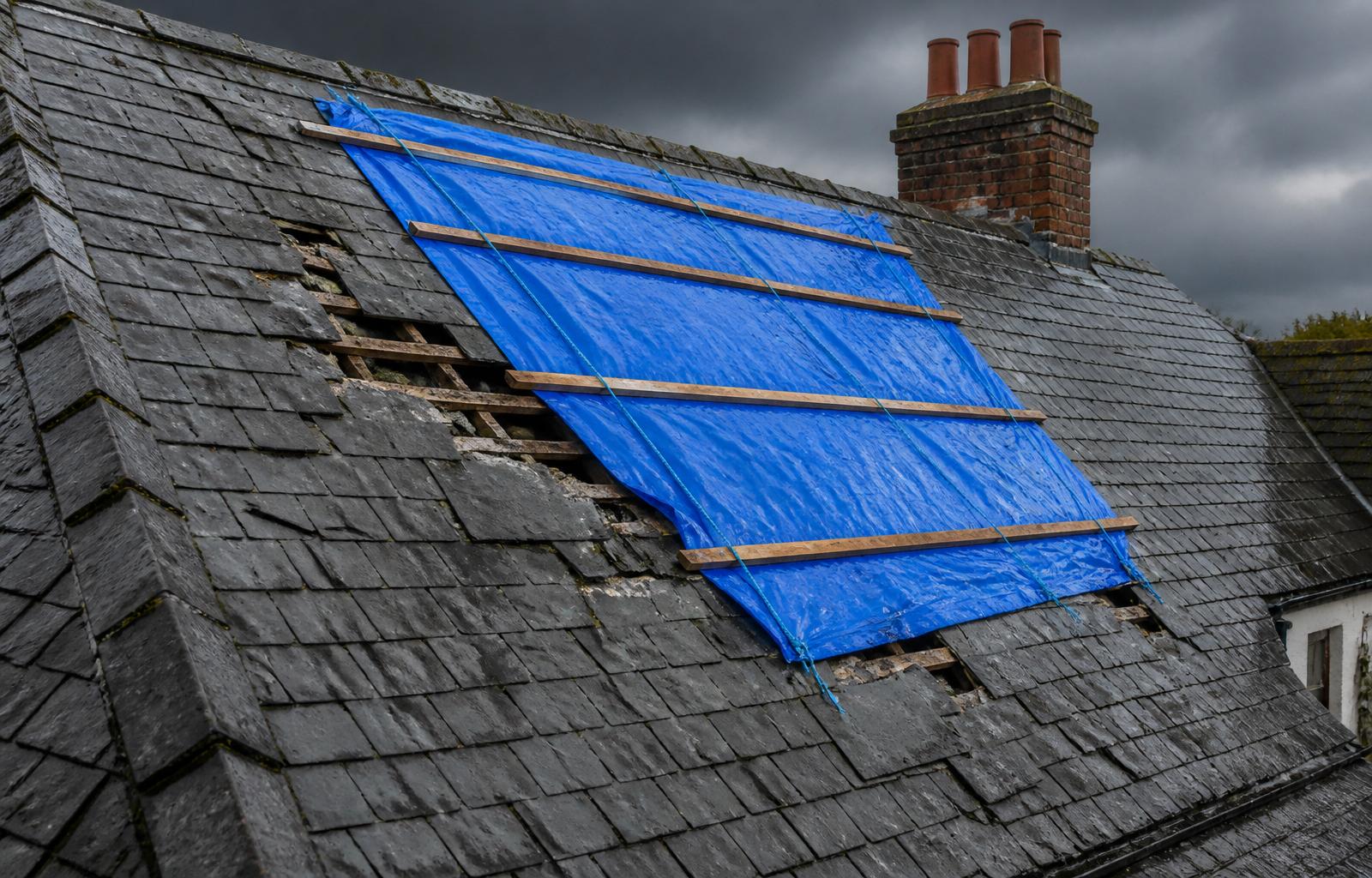 Storm-damaged natural slate roof with a blue emergency weathering tarpaulin secured over the missing slates under a dark grey stormy sky